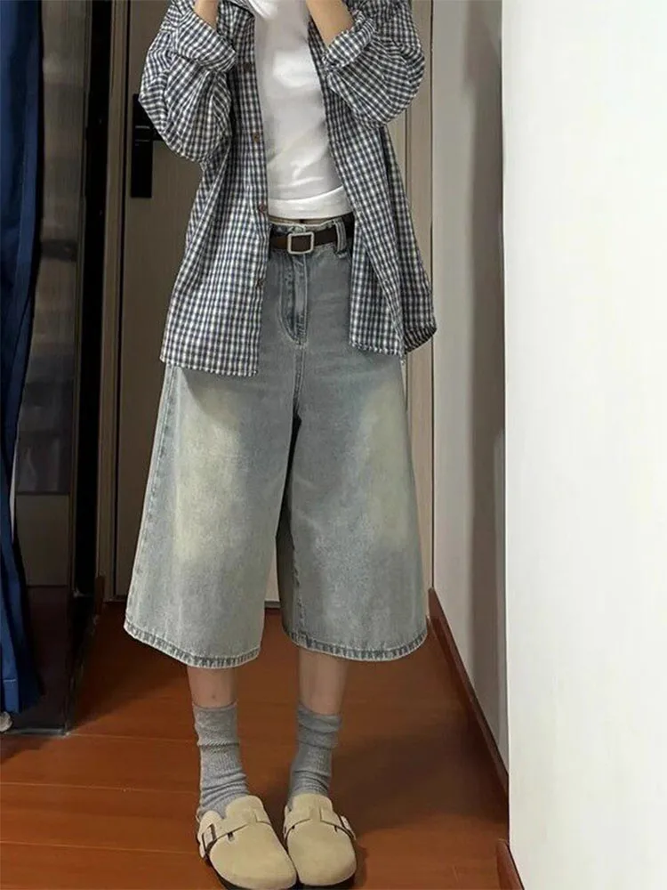 

Retro Light Blue Straight Leg Jeans Women Summer plus Size Lazy Style High Waist Loose Slimming Seven-Foot Wide Leg Pants