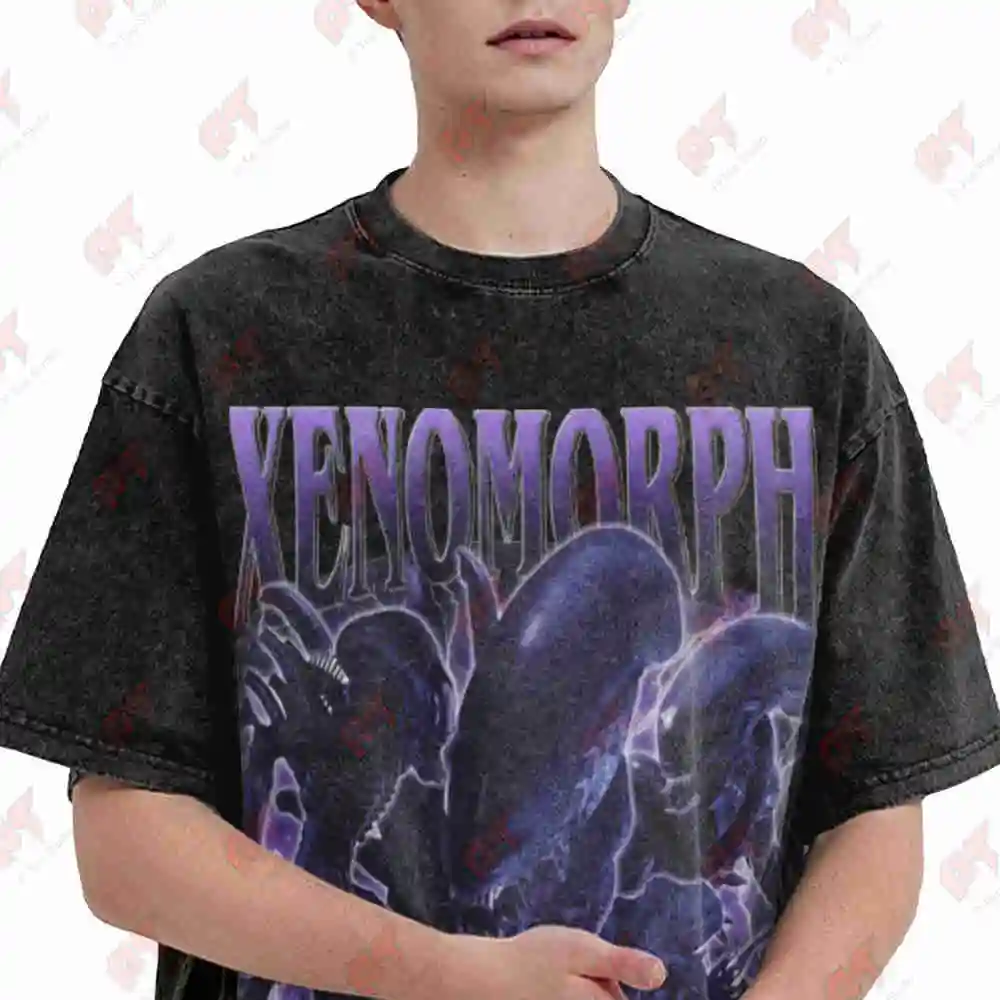 Alien Xenomorph Vintage Homage Retro 90s Bootleg Vintage Washed Tee Pure Cotton T-Shirt