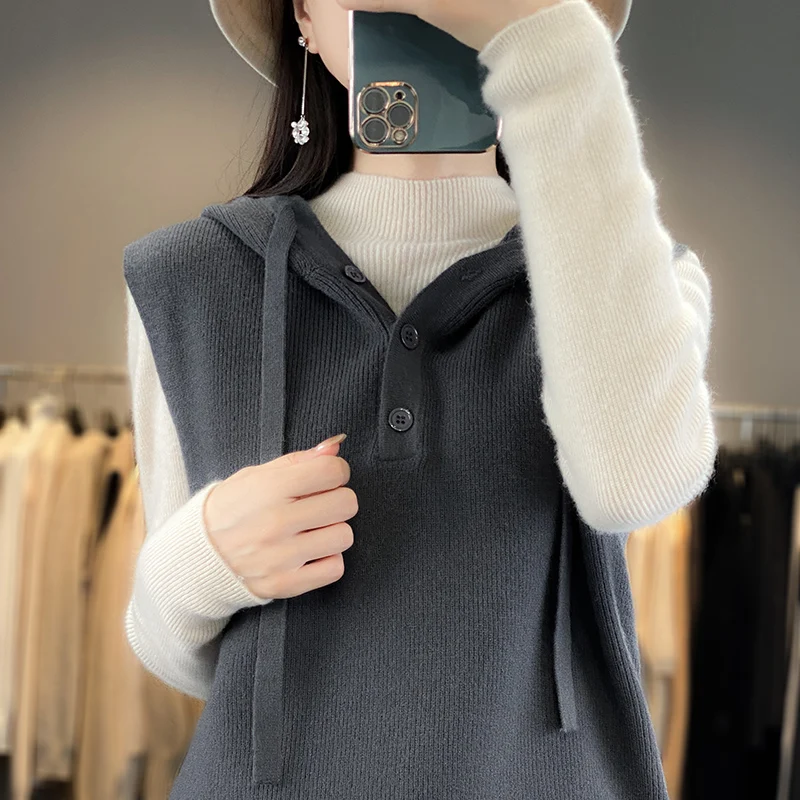 New Autumn Winter Merino Wool Hooded Pullover Women\'s Vest With Hood Sleeveless Vest Knitted Outerwear Fashion Soft Casual Style