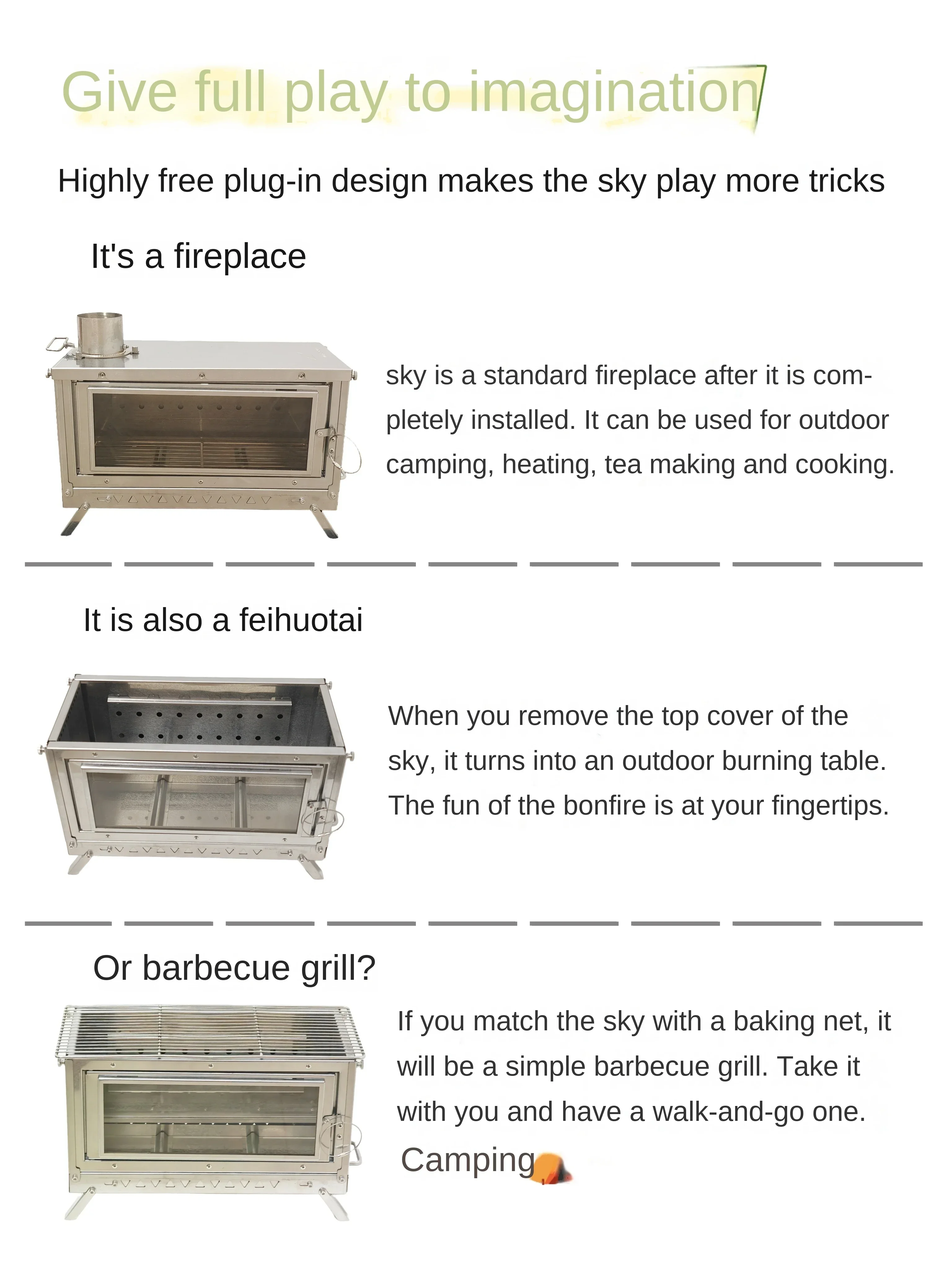 WT-Sky-430 Składany kominek Wielofunkcyjny piec na drewno Wtórny wlot powietrza Outdoor Camping Piec grzewczy