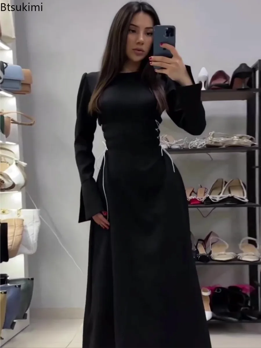 Otoño nuevo vestido largo de manga acampanada para mujer diseño de vendaje de moda mangas largas vestido ajustado de cintura alta vestidos elegantes de mujer