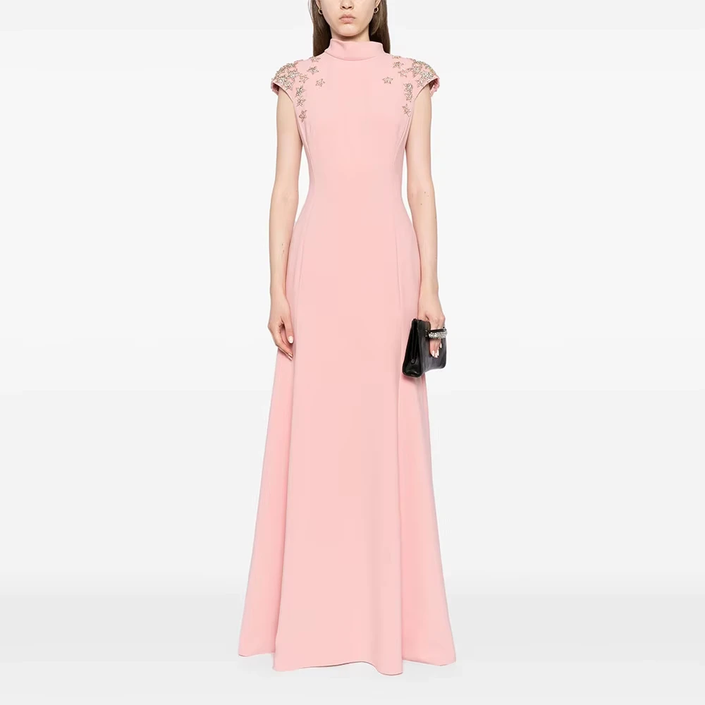 

Pink High Collar Evening Dresses 2025 Satin Cap Sleeves Mermaid Pleated Floor-Length Elegant Wedding Party Dresses Customized