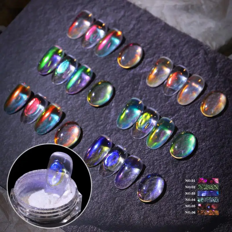 Nail Glitter Aurora Ice Transparent Laser Rainbow Mirror Gel Pigment Powder Chrome Nail Charm Gel Polish Art Decoration Supplies