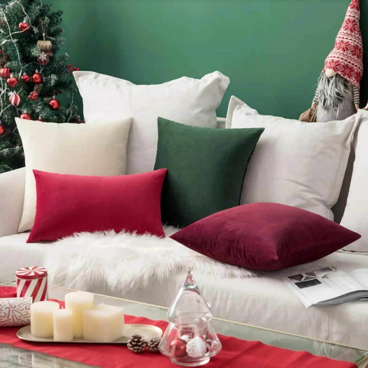 Pack of 2 Velvet Soft Solid Decorative Throw Pillow Covers 18x18 Christmas Inch Burgundy Pillowcases for Sofa Bedroom Couch Car