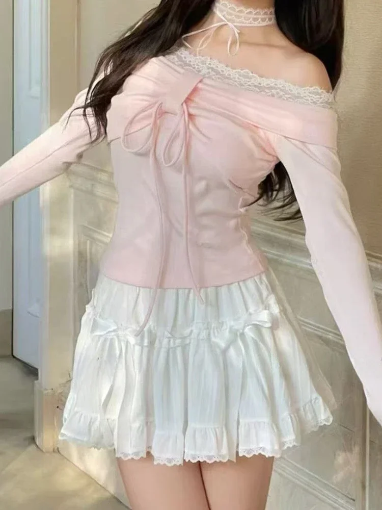 اليابانية الحلو كم طويل المرأة سليم القمم أنيقة شيك القوس قبالة الكتف تي شيرت تقليدي لطيف الدانتيل يصل تنورة الفرنسية 2025 الربيع