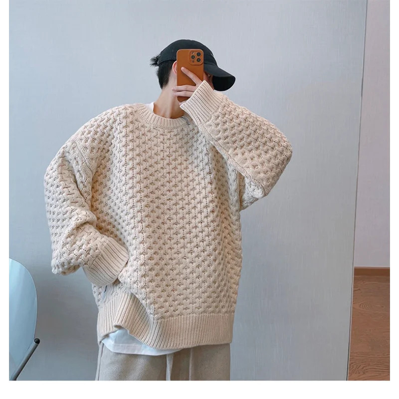 

Простой однотонный свитер с круглым вырезом, модный брендовый уличный стиль, свободный и повседневный мягкий восковой свитер