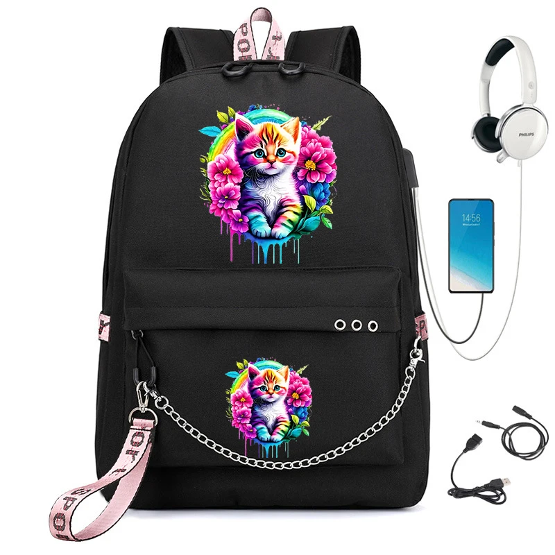 Student Schoolbag Large Capacity Backpack Watercolor Cute Floral Cat High School Student Backpack Cartoon Bagpack Usb Bookbag