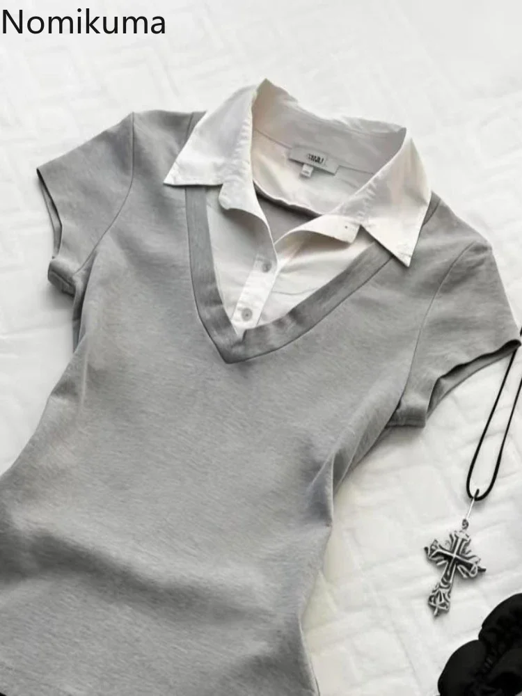 Women's Clothing 2026 Summer T Shirts Fashion Simple Tees Casual Fake Two Tshirts Short Sleeve Patchwork Tunic T-shirt Tops