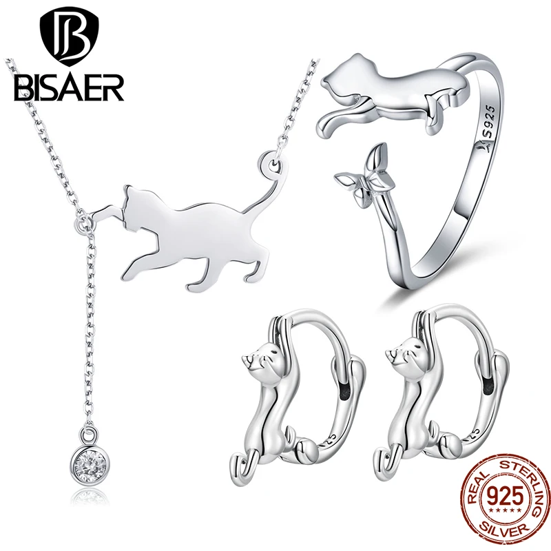 BISAER Real 925 Sterling Silver Cute Cat Aanimal Jewelry Set Pet Ring Necklace Earrings for Women Party Original Fine Jewelry