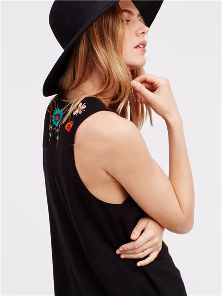 Sexy Beach Boho Mini Dress For Women Vintage Cotton Rayon Floral Embroidered Summer Dresses Sleeveless Strap Vestidos Robe SL168