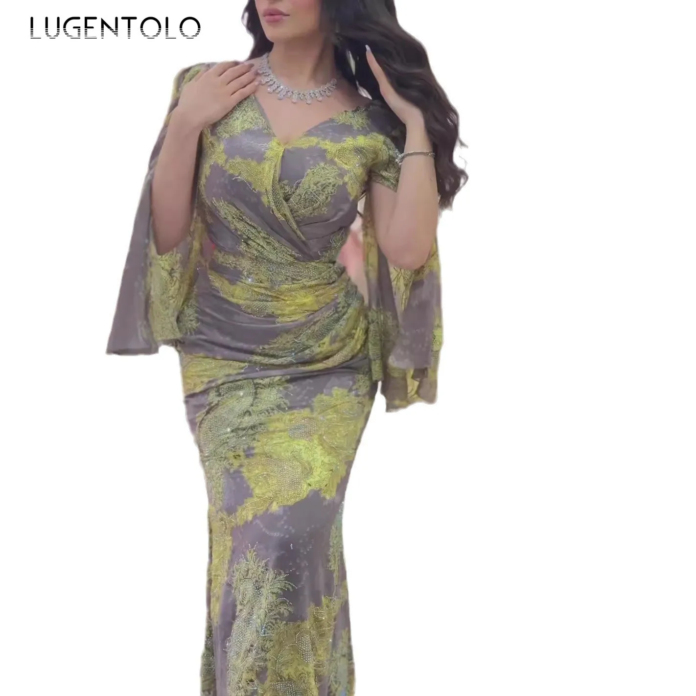 المرأة الشيفون فستان مثير كبير سوينغ طباعة مأدبة طويلة الأكمام الخامس الرقبة سليم سيدة أنيقة كوكتيل حفلة الإمبراطورية ملابس جديدة