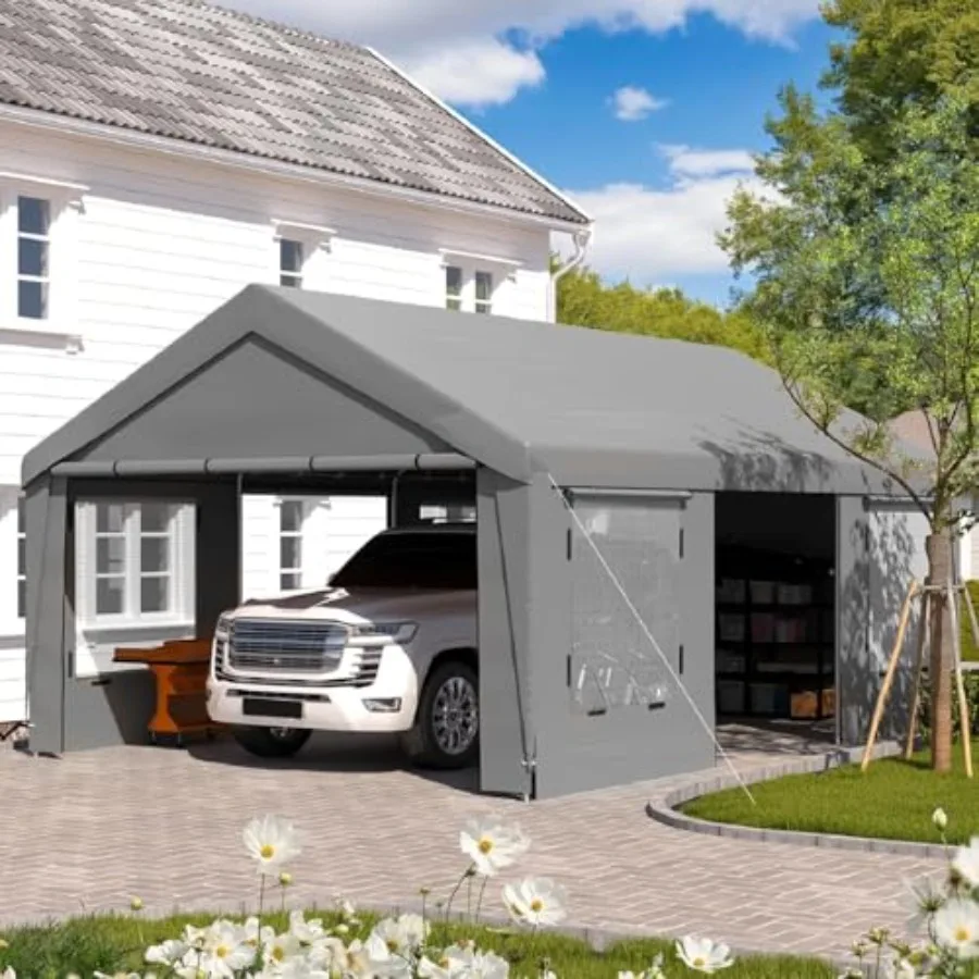 Carport for truck, boat, tractor: heavy duty gray steel frame with portable design and 4 roll-up windows
