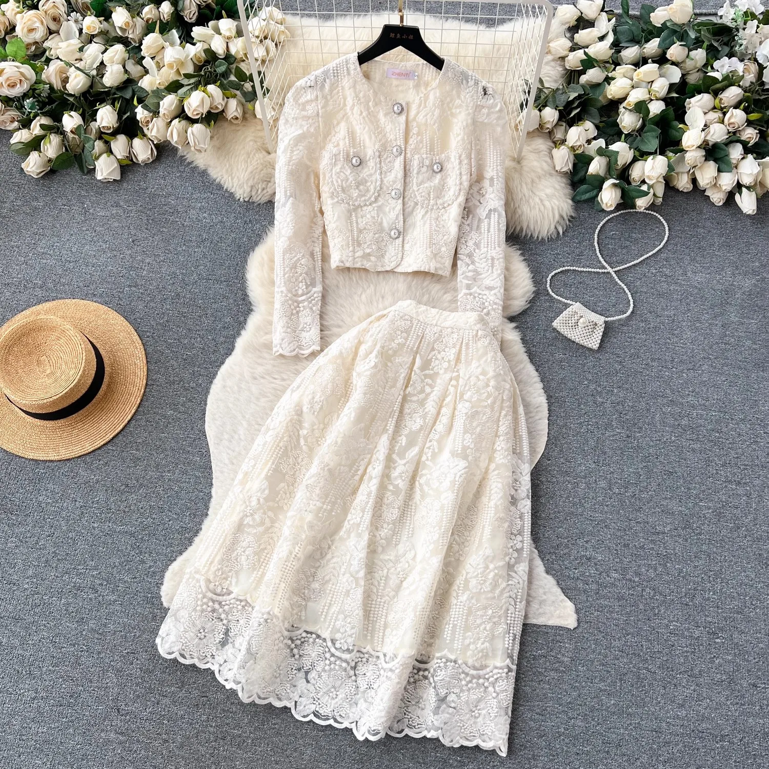 New Autumn Pink Embroidery Flower Lace Two Piece Set Elegant Women Single Breasted Beadeds Long Sleeve Shirt + Midi Skirt Suits