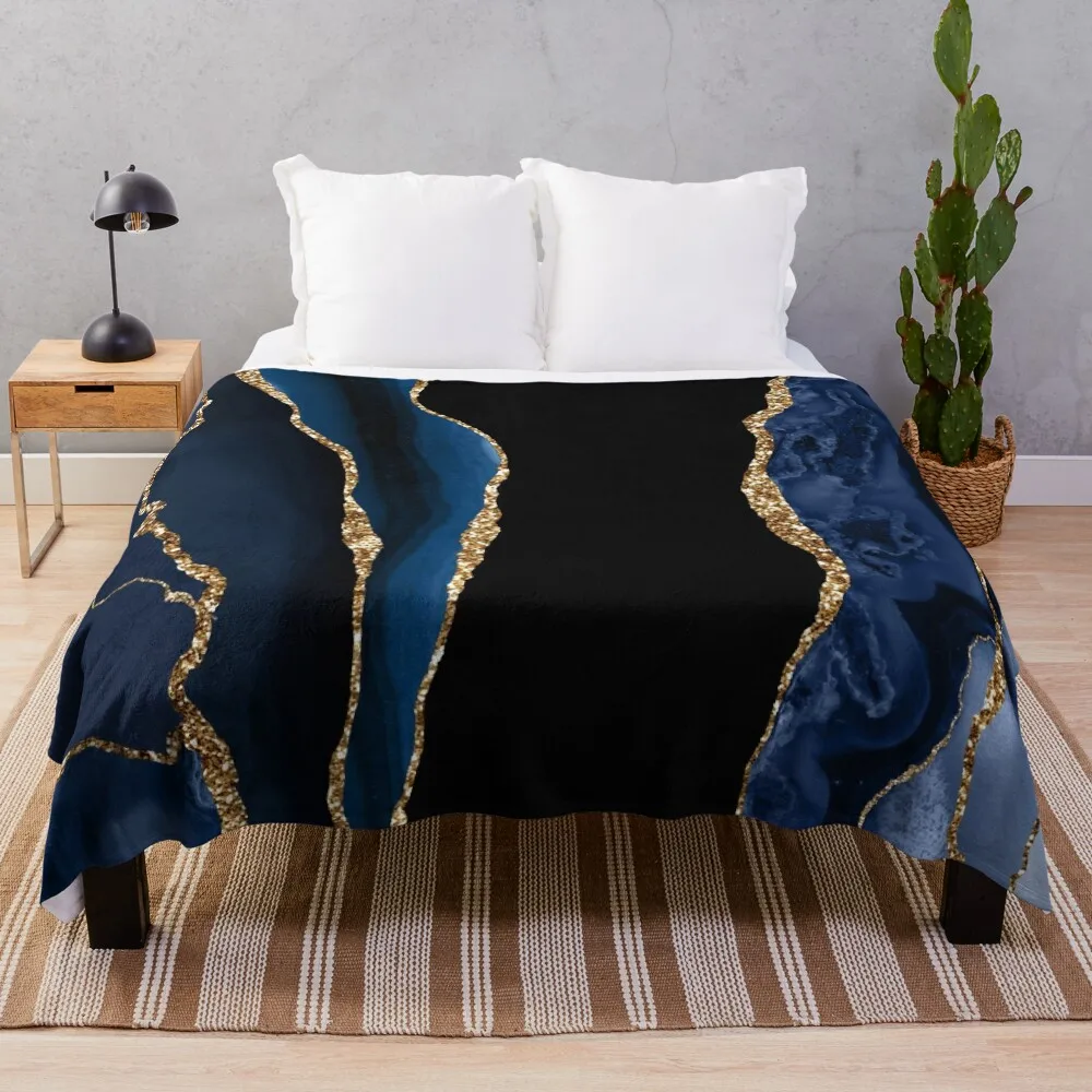 Abstract Blue and Gold Modern Geode Agate Design Throw Blanket Kid'S Blanket Thermal Blankets For Travel