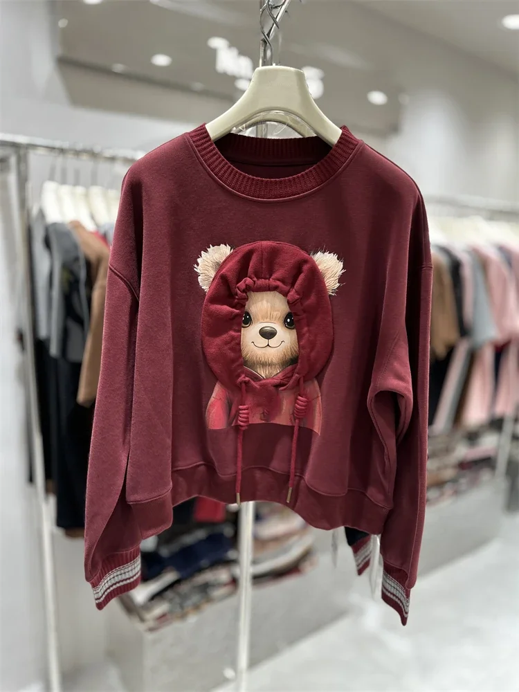 Autumn Winter New Women's Clothing Round Neck Loose Short Jacket Heavy Industry Hat Bear Loose Pullover Sweatshirts Women