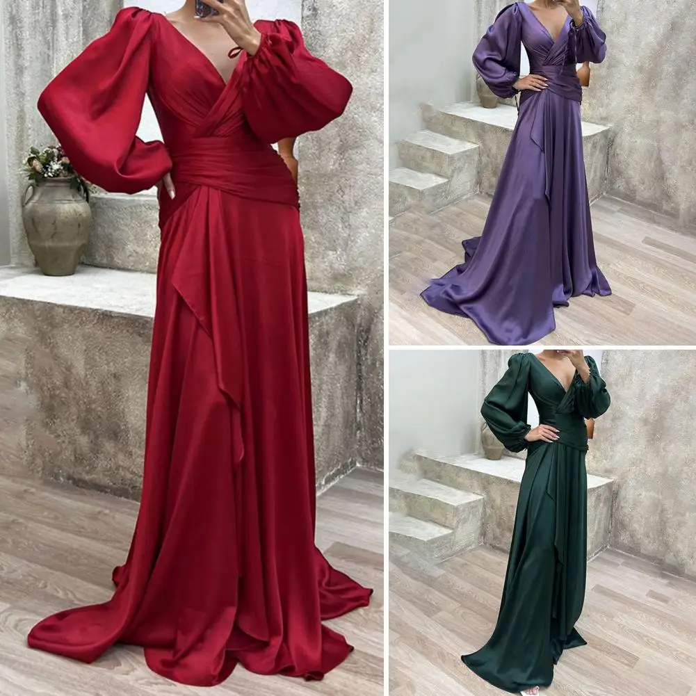 우아한 여성 연회 원피스 새틴 단색 롱 랩 가슴 긴 랜턴 소매, 가을 겨울 분위기 있는 이브닝 원피스, 2023