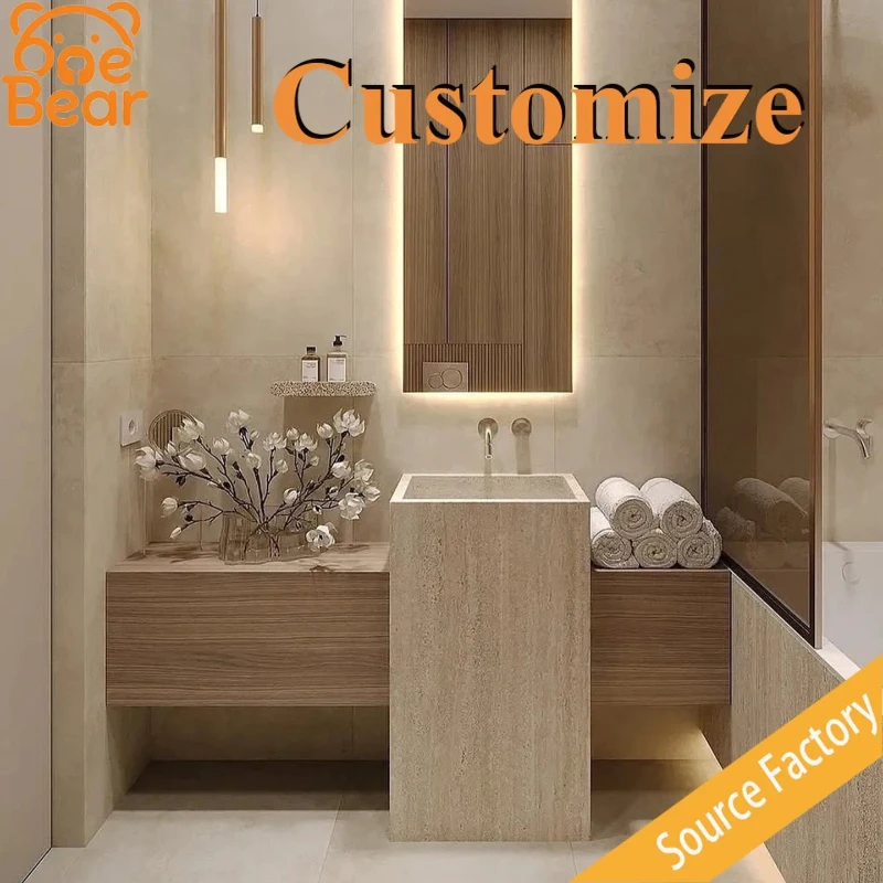 Custom Double Marble Vanity Sink Integrated Natural Stone Wash Basin Rectangle Marble Sink for Hotel Master Bathroom Cabinet