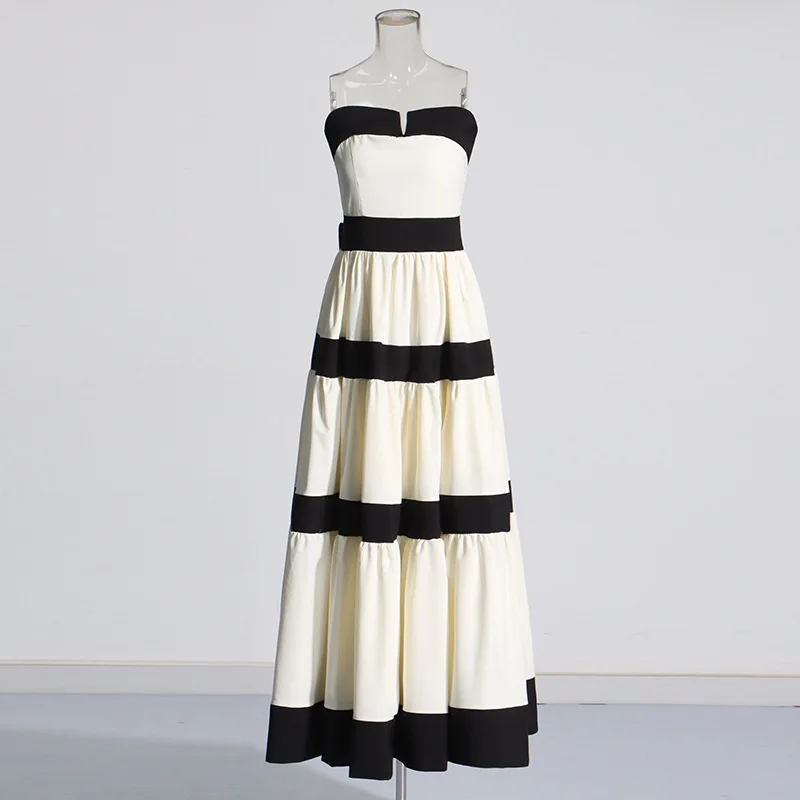 HKSH Summer New Women Chic Dress Strapless Striped Contrast Color Bow Decoration A-line Pleated Elegant Tide Sexy Dresses HK9038