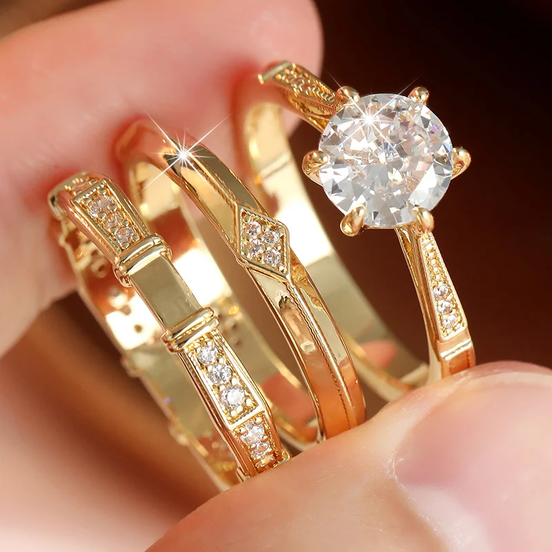 3pcs/set Women's Luxury Golden Plated Ring with Set Inlay Synthetic Zircon Shining Ring Daily Commuting Party Banquet Accessory