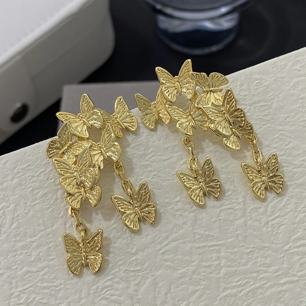 AENSOA Gold Color Lovely Butterfly Tassl Long Drop Earrings for Women Sweet Elegant Animals Dangle Earring Vintage Jewelry Gift