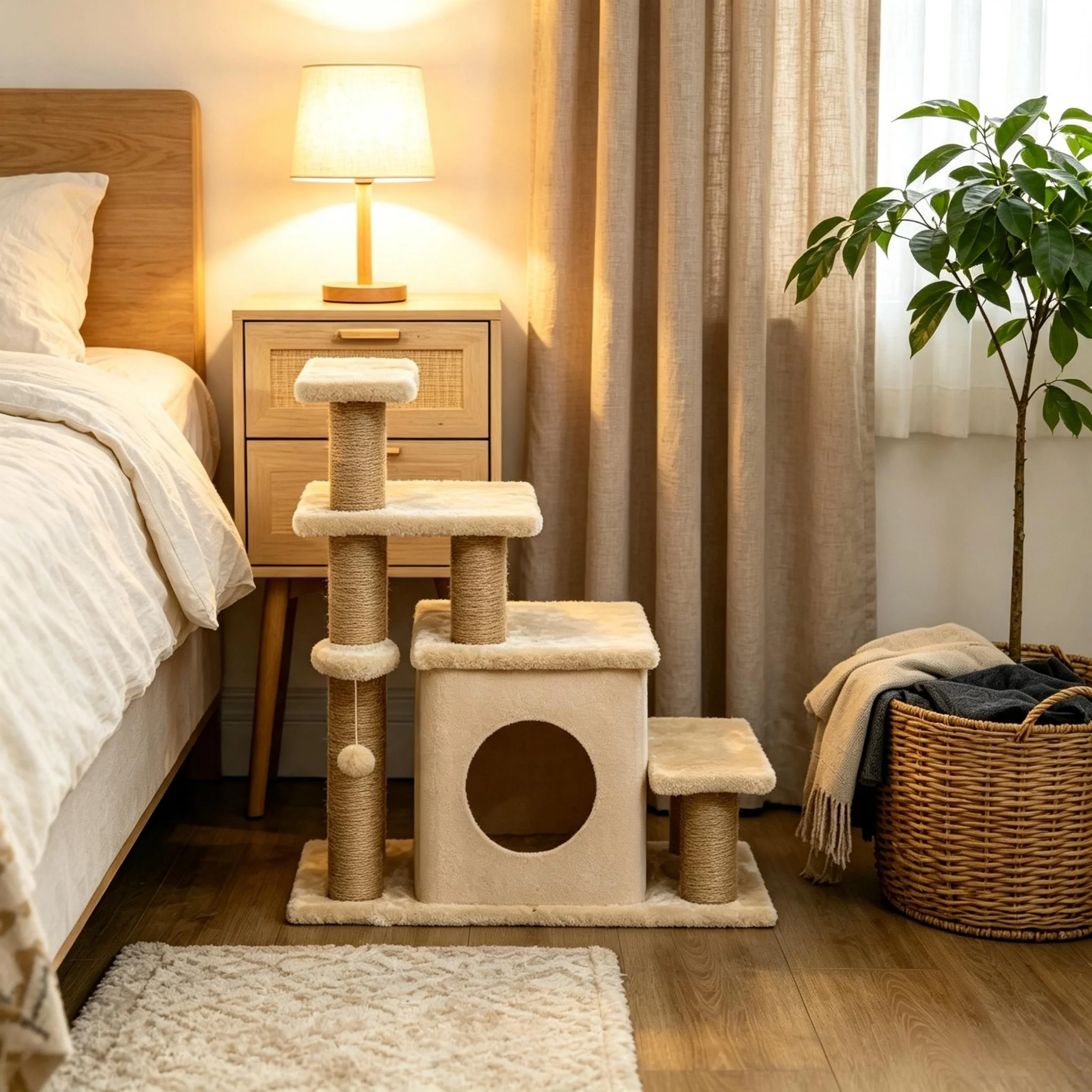 Adjustable Cat Stairs With Condo And Scratching Post 3 Or 4 Steps Pet Steps For Small Cats To Bed Sofa Indoor Cat Activity Center