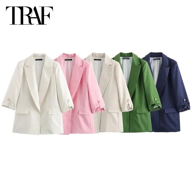 

TRAF Women's Blazer Tailoring Spring Summer 2024 Roll Up Sleeves Blazers Fashion Lapel Collar Short Sleeve Blazers Office Ladies