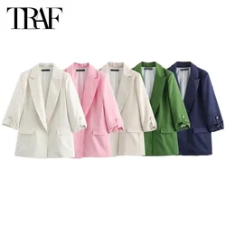 TRAF Blazer da donna sartoriale primavera estate 2024 maniche arrotolate Blazer moda colletto con risvolto Blazer manica corta ufficio donna