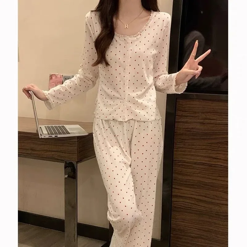 Pijama de manga comprida estilo princesa feminino, roupa de dormir, cardigã com gola redonda, traje floral, conjunto de duas peças, primavera, outono, novo, 2024