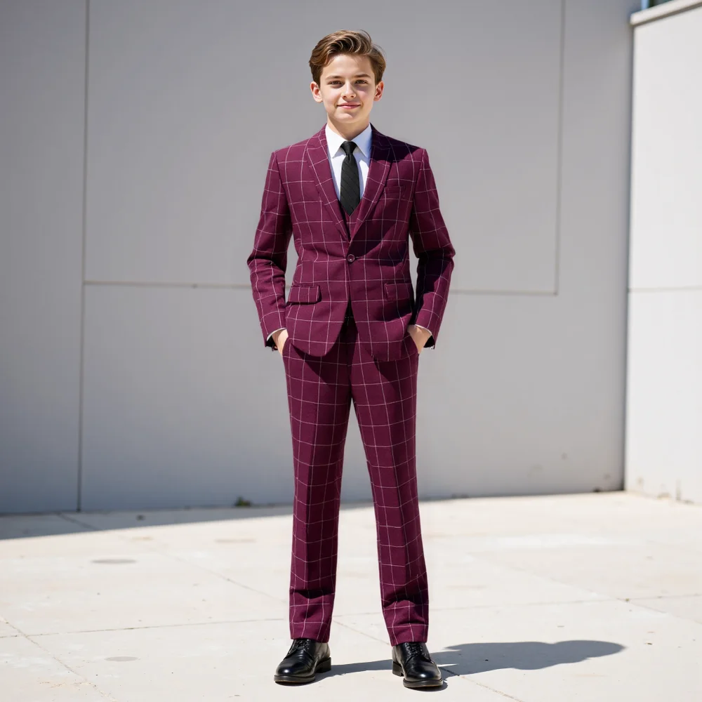 Boy's Suits 3 Pieces Plaid Pattern Slim Fit Single Breasted  Boy's  Outfit Wedding Flower Children Sets（Blazer+Vest+Pants)