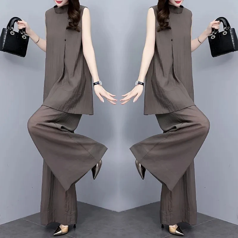 Модный женский костюм, новинка лета 2023, женские широкие брюки, свободный наряд без рукавов, темпераментный легкий ветер, комплект из двух предметов