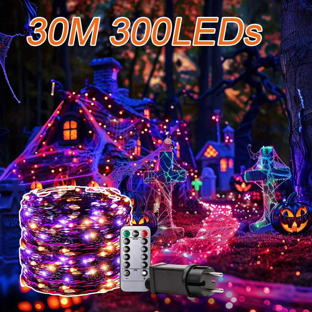 30M/60M Purple & Orange Halloween Lights Decorations 300/600 LED Halloween String Lights Plug Operated for Home Indoor Halloween