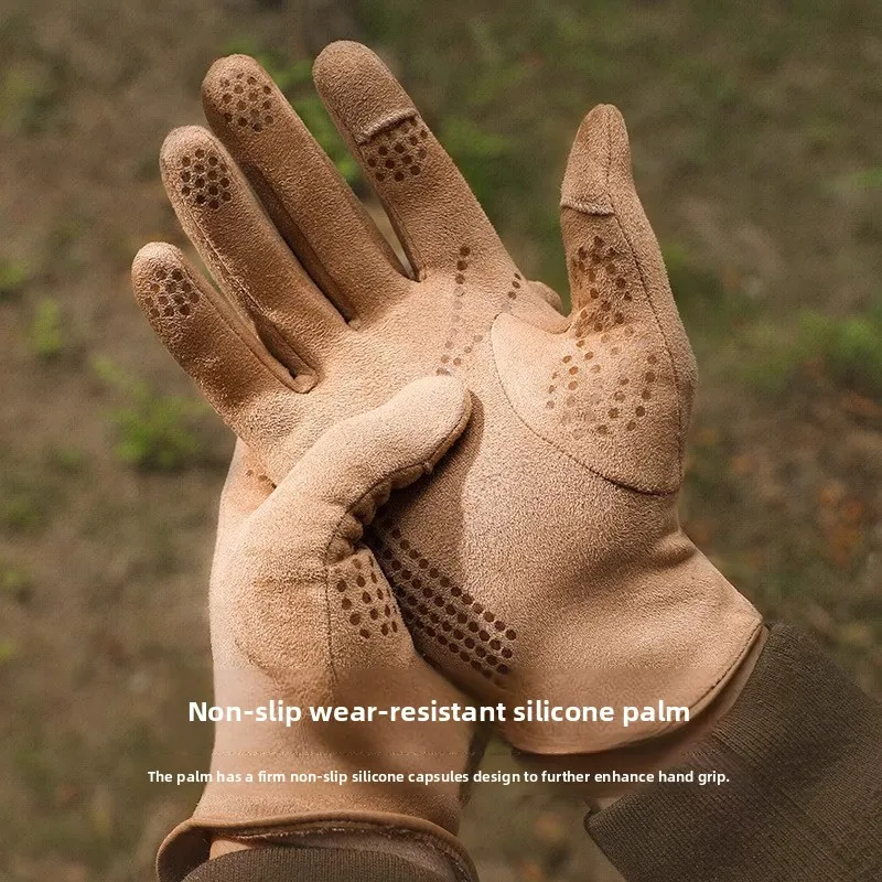 Autumn Winter Suede Men Gloves Warm Velvet Lined Touch Screen Full Finger Cycling Driving Outdoor Sports Cold Proof Non Slip