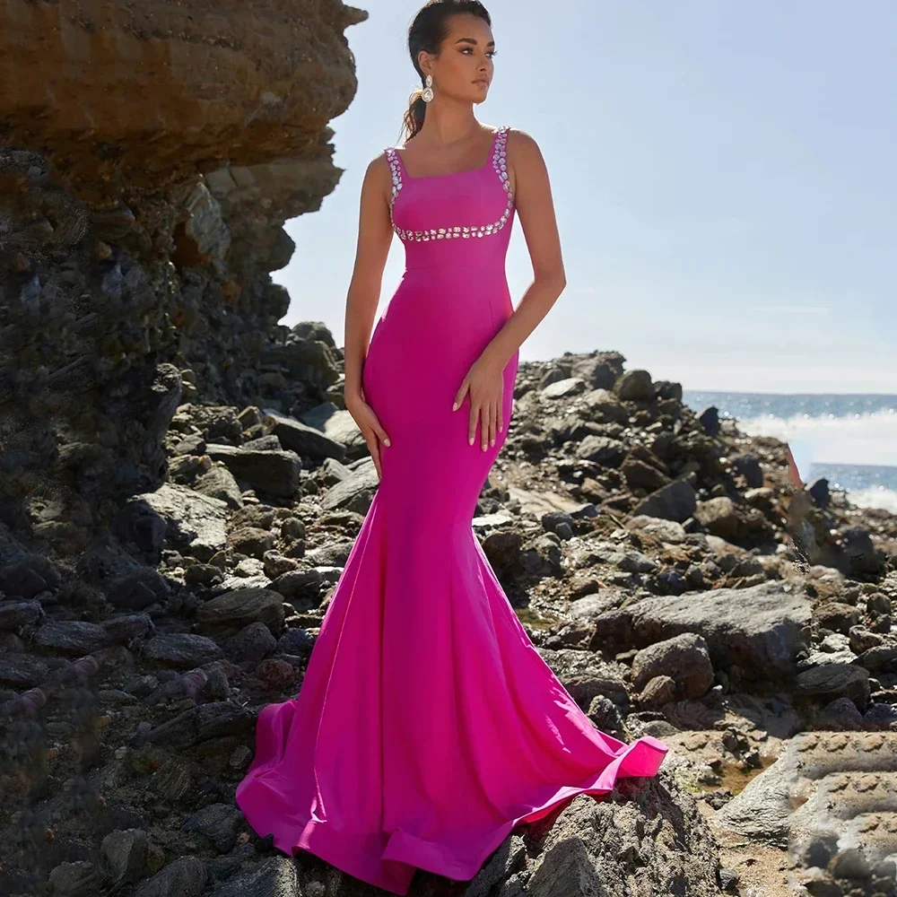 

Customized Sleeveless And Back Evening Dress Square Collar With Diamonds Women Floor Length Mermaid Gowns For Party And Event