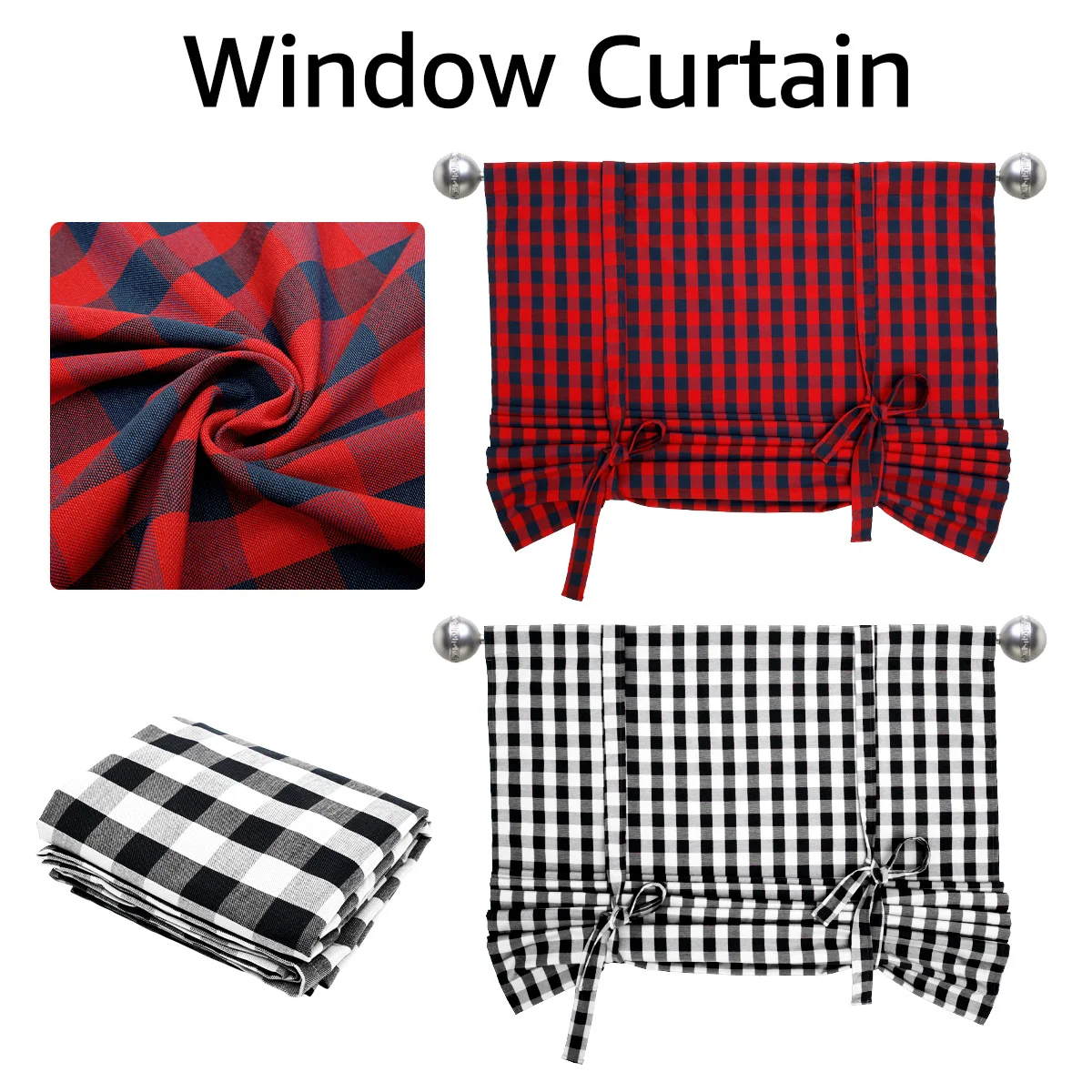 Check Tie Up Curtains Soft Cotton Tie Up Shade Washable Black and White Check Window Curtains Light Filtering Adjustable Tie Up