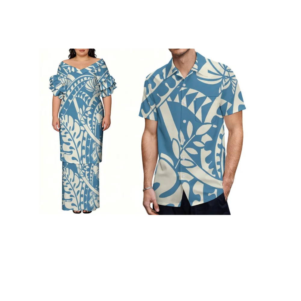 Traditional Ethnic Costumes Couple Set Puletasi Polynesian Lady'S High-Necked Dress  Men'S Beach Short-Sleeved Shirt Soft Fabric