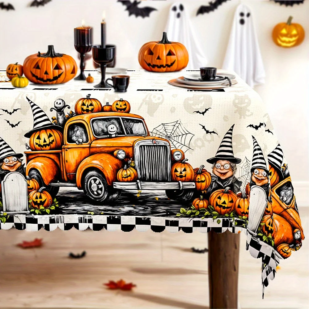 Halloween, farm-themed tablecloth, black and white decorations, pumpkin, truck and witch patterns, contemporary style