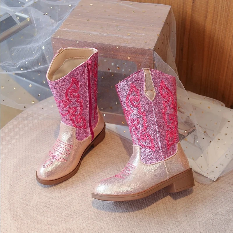 Rose Pink Glitter Western Knee High Boots Kid Girl  Slip-on Cowboy Long Booties Child Low Heeled Round Toe Warm Plush Botas