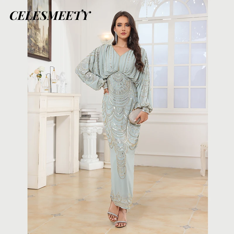 Luxurious Royal-Style Computerized Sequin Beaded Embroidery Prom Evening Dress Elegant Chiffon Batwing Sleeve Dress