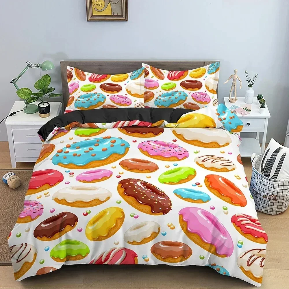 

Colorful Donut King Size Duvet Cover Cartoon Sweets Chocolate Dessert Bedding Set for Kids Girl Food Polyester Full Quilt Cover