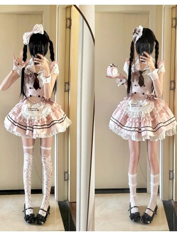 

Cute Pink Lolita School orm Sle irt Vest Puffy Skirt Tee Piece Set Women's Faion Summer ort Sve Collar