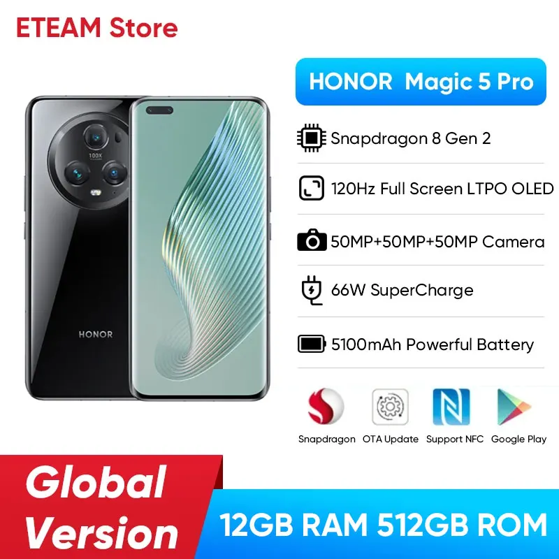 HONOR Magic5 Pro Global Version Snapdragon 8 Gen 2 12GB 512GB 120Hz  66W Super Charge Triple 50MP Cameras 100X Digital Zoom 5