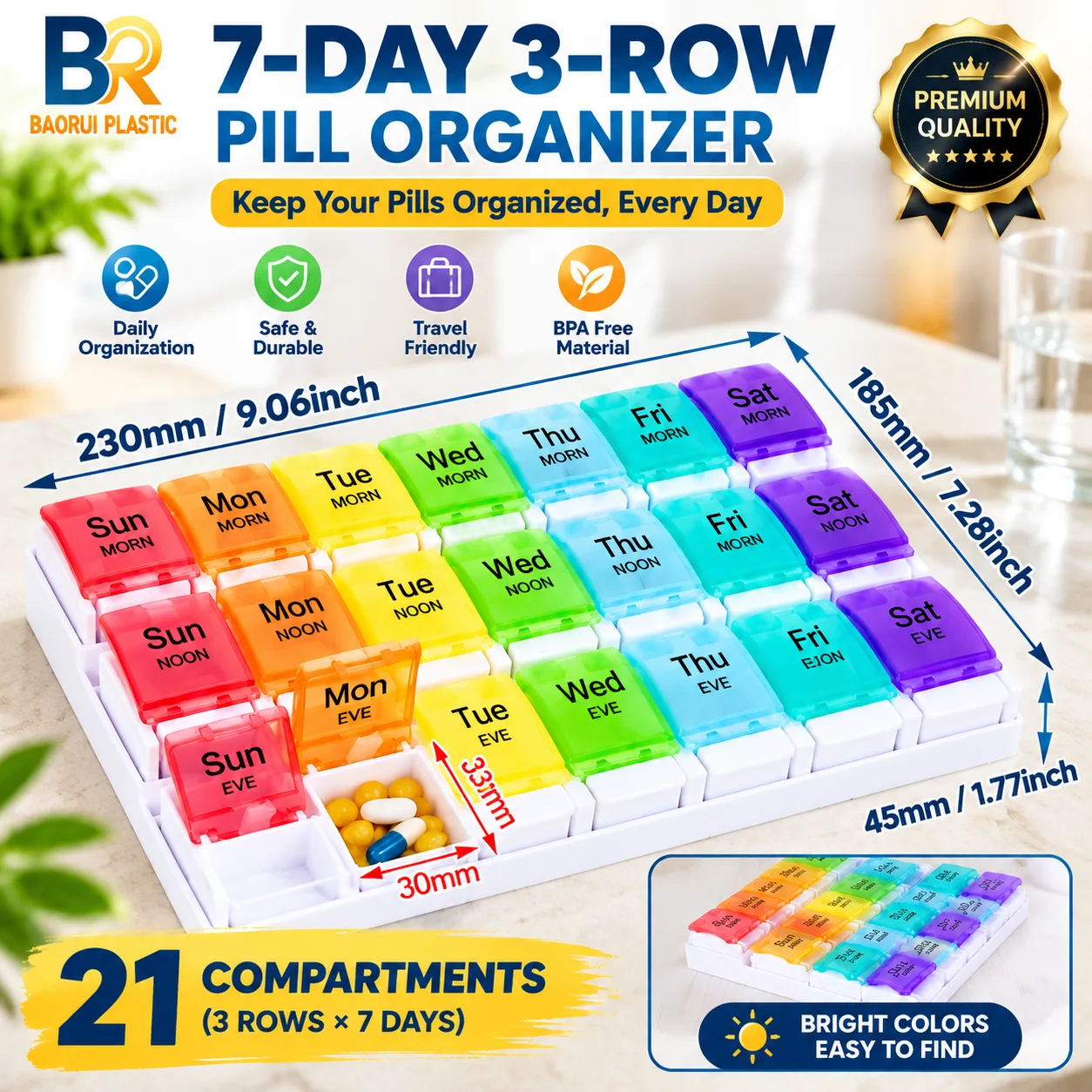Piano Key Pill Organizer Push Button 7 14 21 Compartment Colorful Portable Medicine Box BPA Free Travel Drug Storage Case