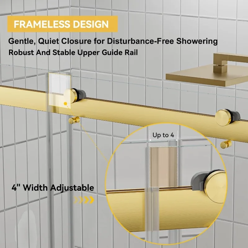 Porta doccia con chiusura morbida da 56-60 pollici di larghezza - Doppio cursore senza telaio dorato, vetro da 8 mm