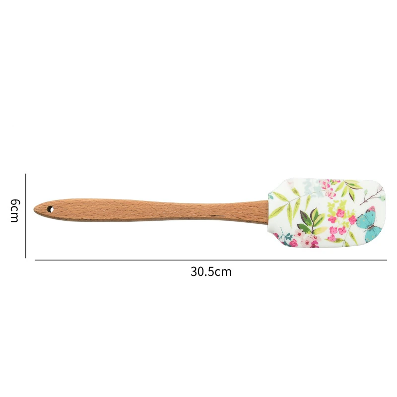 Printed Pattern Cake Scraper Silicone Cream Pastry Spatula Wooden Handle Butter Spreader Kitchen Batter Pies Baking Blender