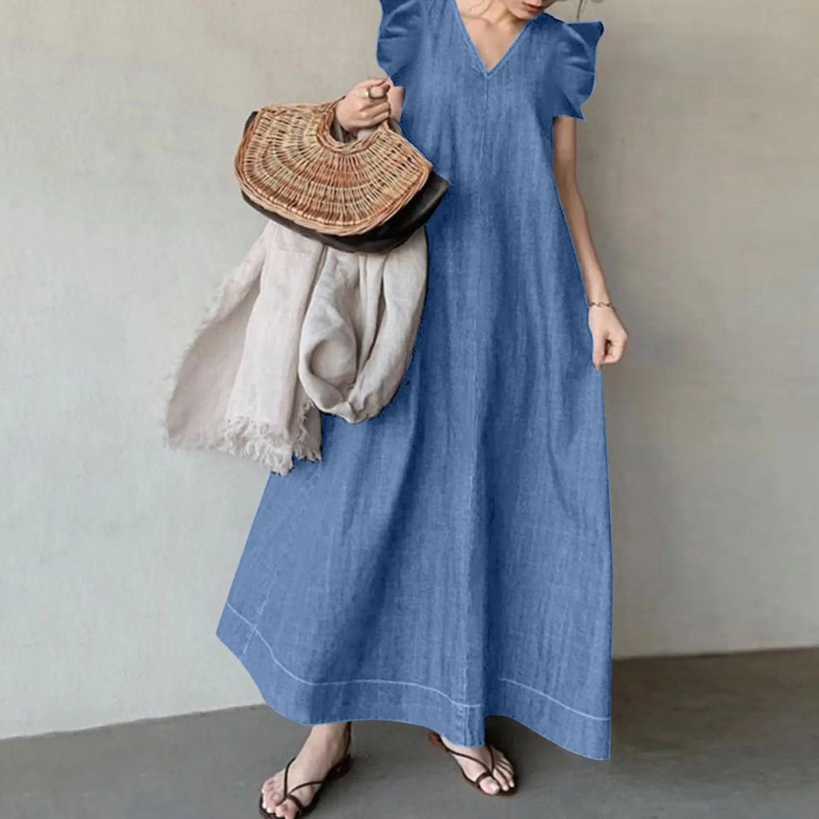 Korean Solid Temperament V Neck Bohemian Loose Size Long Dress Womens Sundresses with Pockets Womens Short Sleeve Tunic Dress