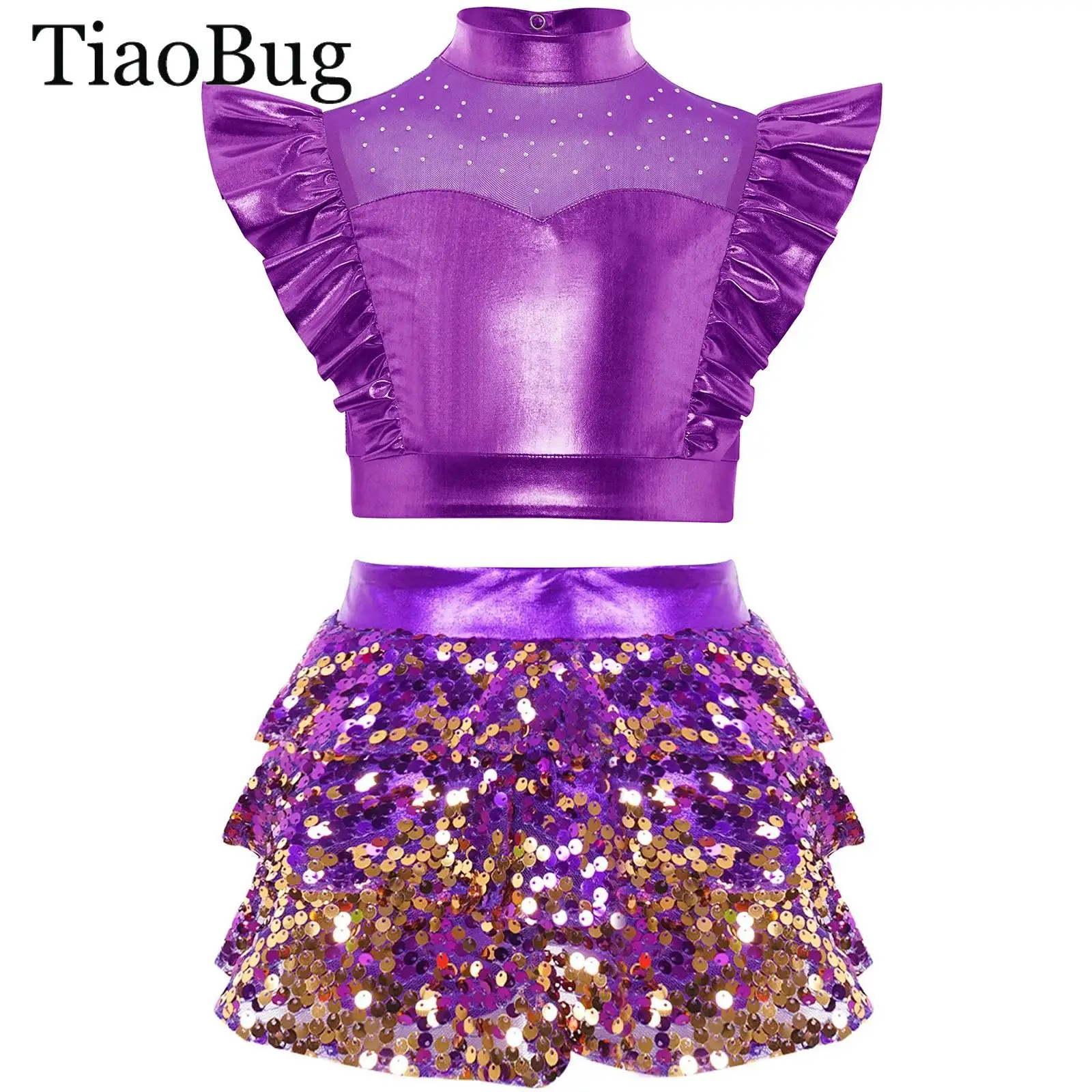 

Girls Shiny Sequin Jazz Dance Outfit Sleeveless Mesh Metallic Crop Top with Tiered Skirt Culottes Hip-hop Cheerleading Dancewear