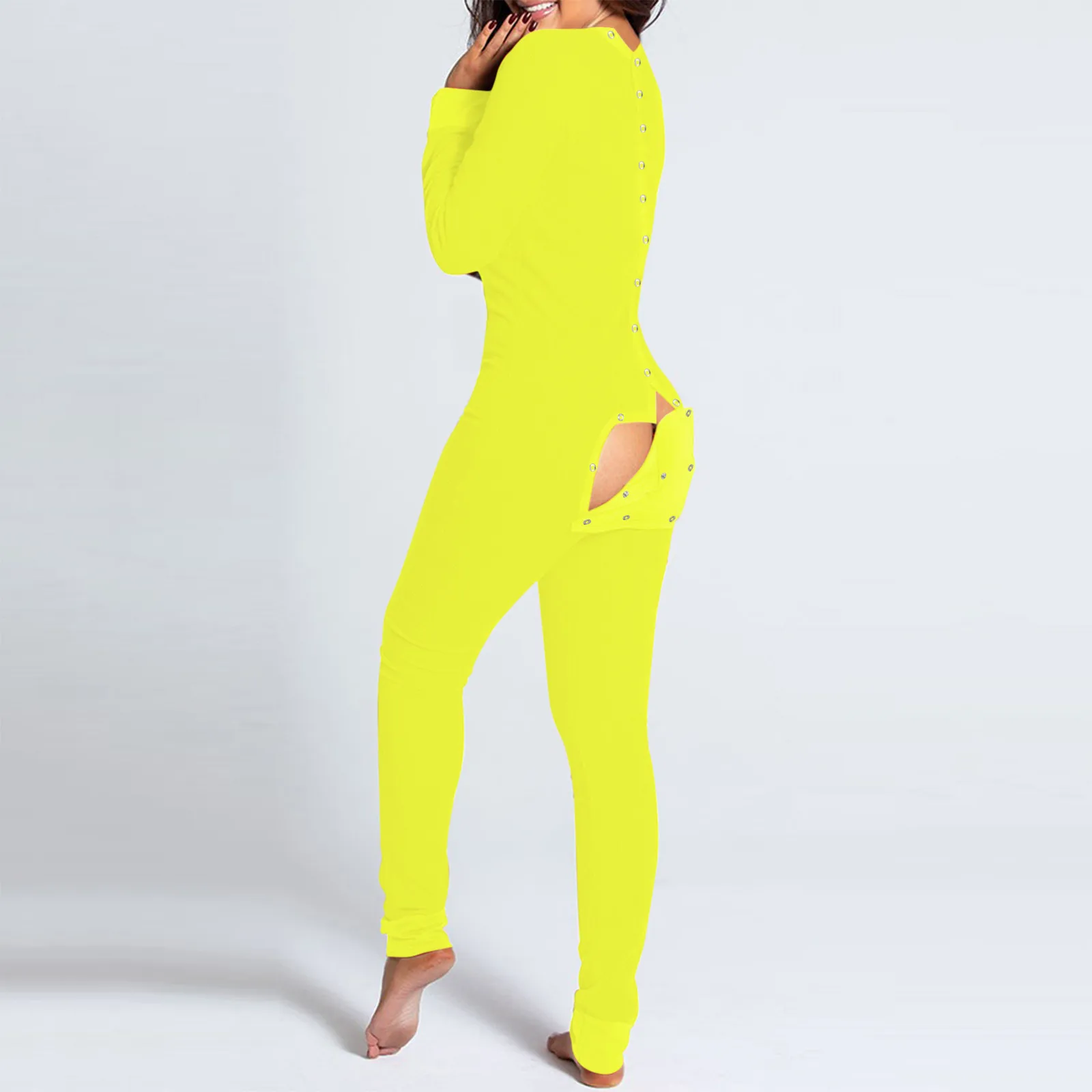 Sexy Pyjama Women\'s Jumpsuit Suit Button-down Front Back Butt Bum open Ass Flap Jumpsuit Loungewear Solid Buttoned NEW