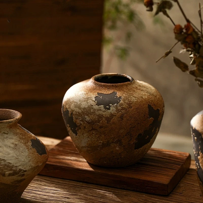 Retro Clay Vase Decorative Piece Round Brown Beige Textured Decoration with Mottled Patterns Wabi-sabi StyleRural HomeDecoration
