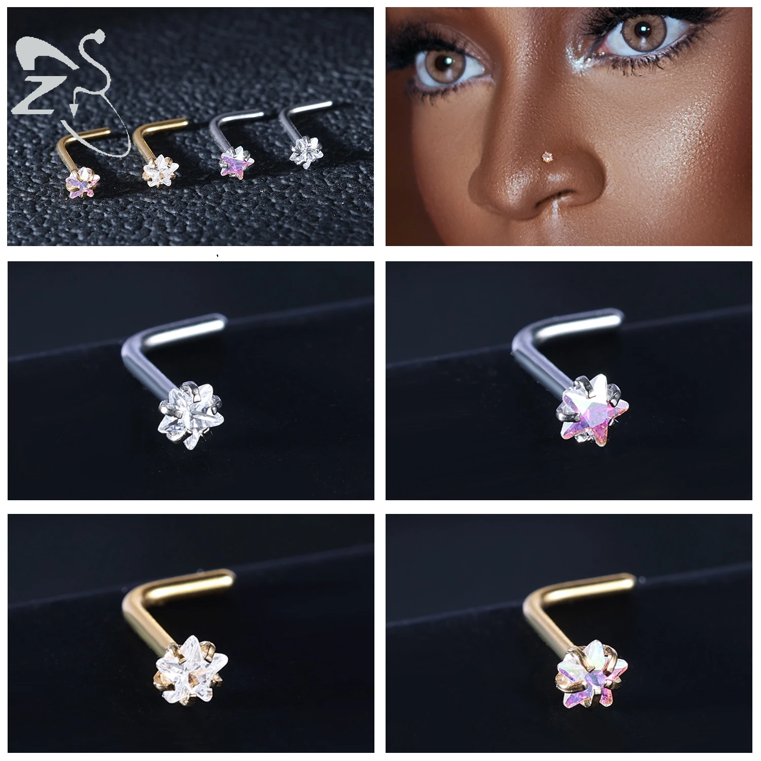 ZS 3-4Pcs/lot Gold Color Stainless Steel Nose Stud Set Heart Star Round Crystal Nose Piercing L Shape Nostril Piercing 18g/20g