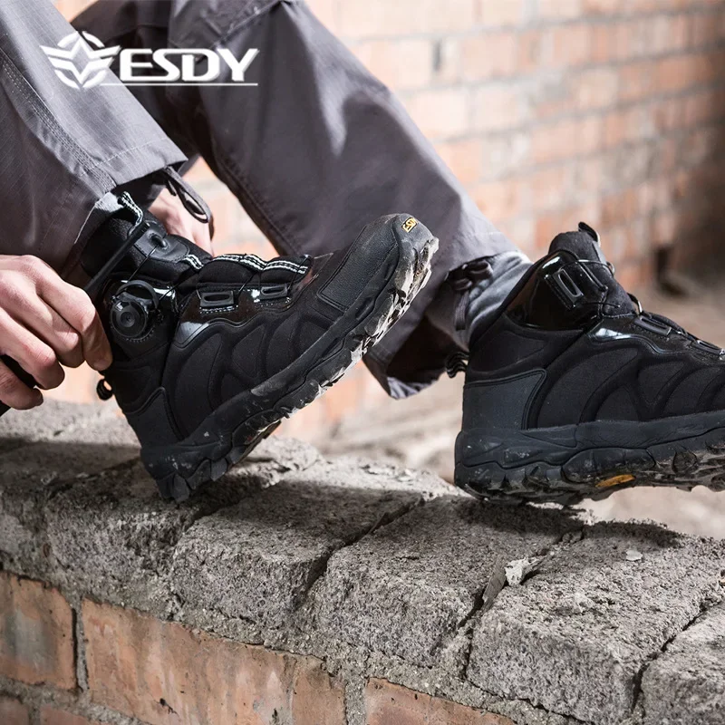 Men Casual Work Shoes Spring Automatic Buckle Waterproof Canvas Combat Ankle Boot Tactical Boots Mens